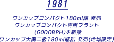 1981 ワンカップコンパクト180ml詰 発売 ワンカップコンパクト専用プラント (6000BPH)を新設 ワンカップ大関二級180ml瓶詰 発売(地域限定)